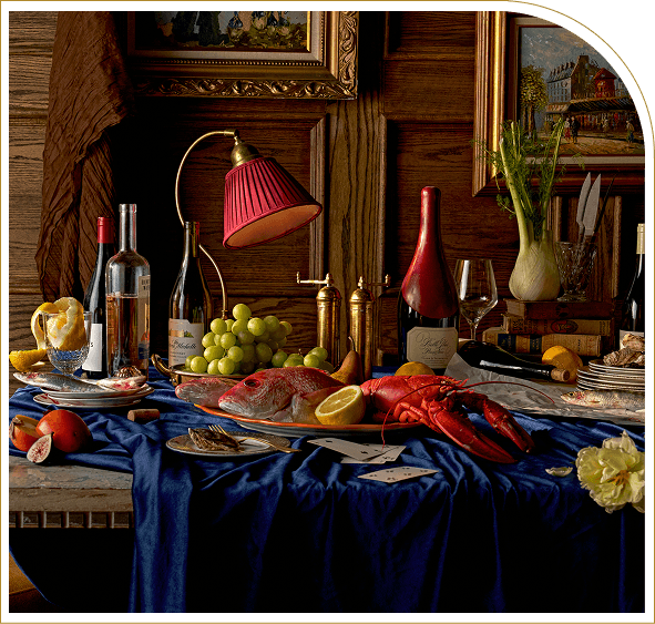 A Maxwell Maison still life photoshoot with wine and tableware.